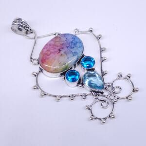 Beautiful Multi-Color Druzy Pendant with Blue Topaz, Sterling Silver 20” Chain